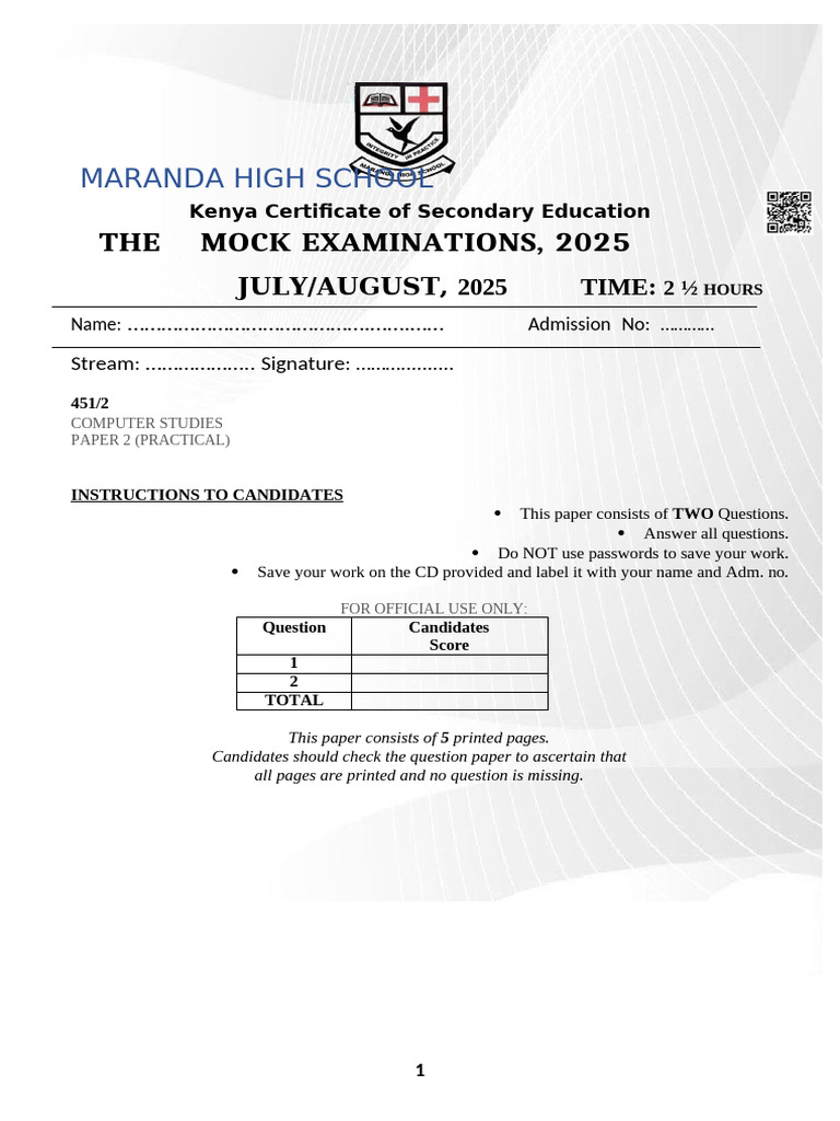 Maranda High School 2025 Mock Exam Guide | PDF | Software | Kenya