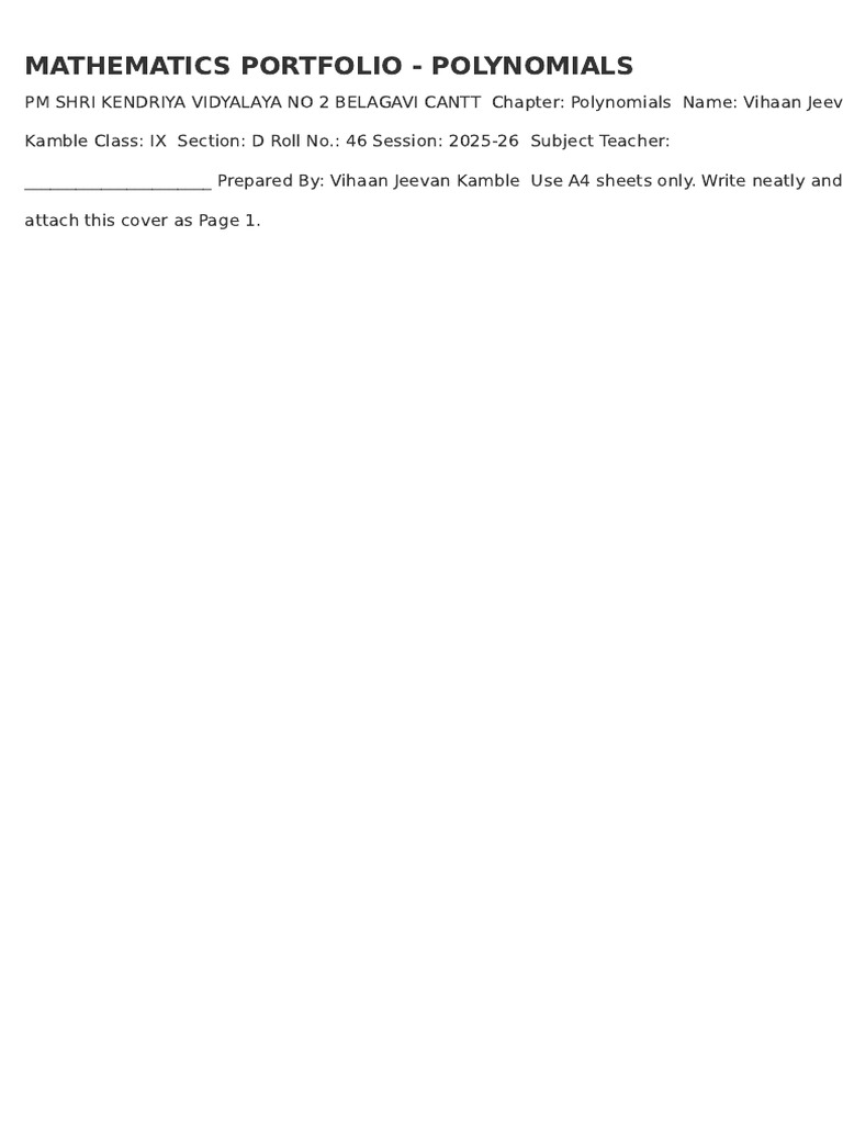 Polynomials Portfolio for Class IX | PDF | Polynomial | Factorization
