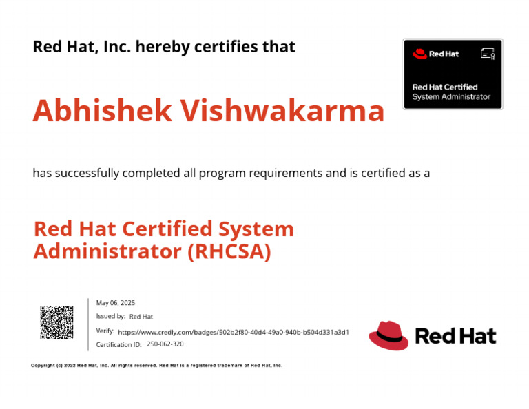 Abhishek Vishwakarma: Red Hat Certified System Administrator (RHCSA) | PDF