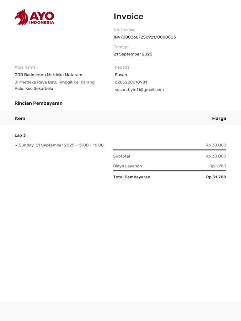 Invoice GOR Badminton Mataram 2025 | PDF