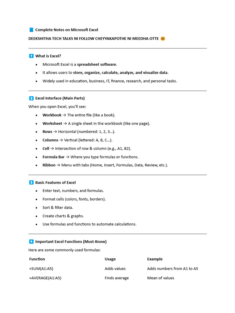 Complete Notes On Microsoft Excel | PDF | Microsoft Excel | Software