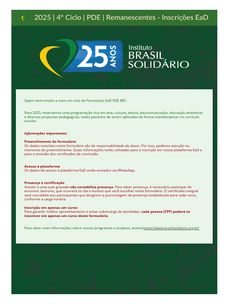 Inscrições para Formações EaD 2025 PDE | PDF | Educação à distância ...