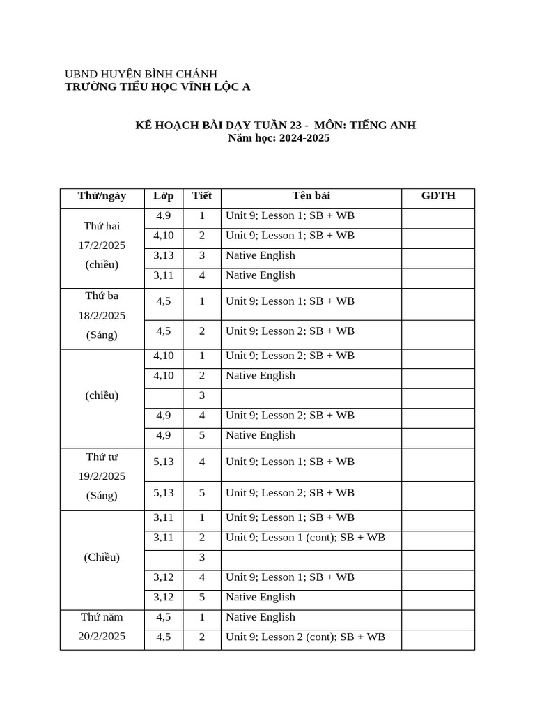 Week 23 English Lesson Plan 2024-2025 | PDF | Vocabulary | Lesson Plan