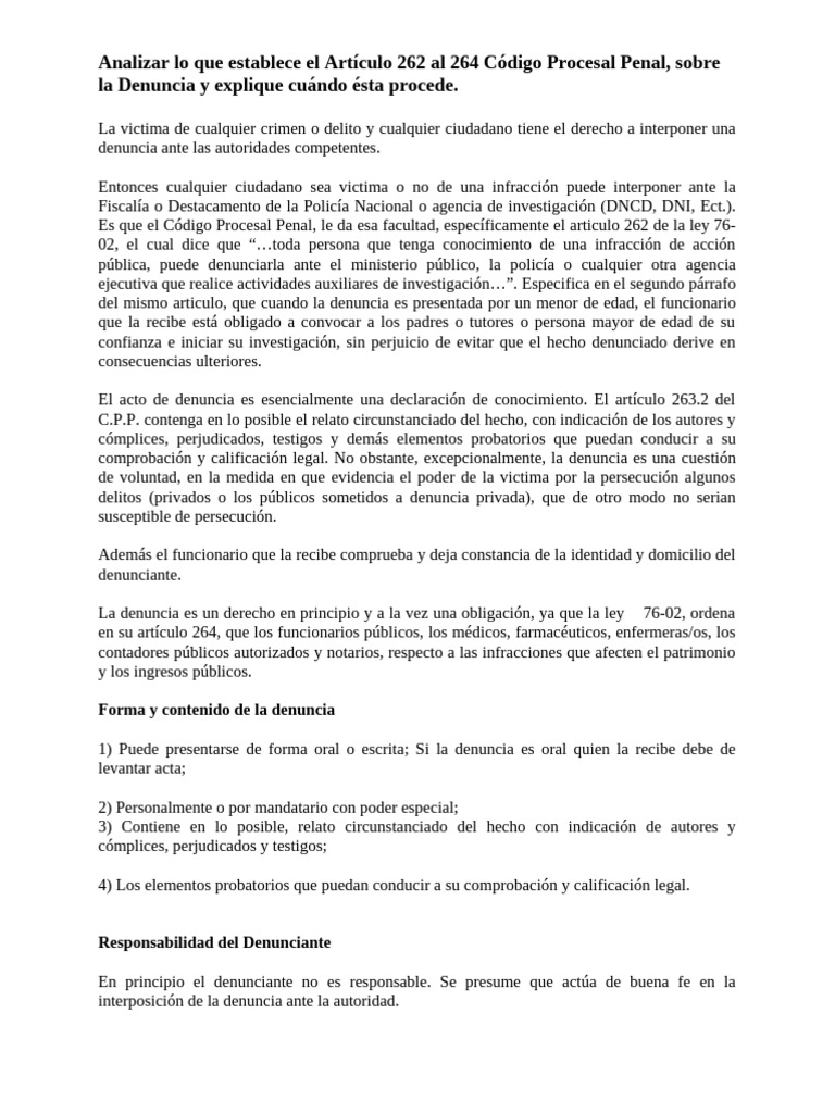 Analizar Lo Que Establece El Artículo 262 Al 264 Código Procesal Penal ...