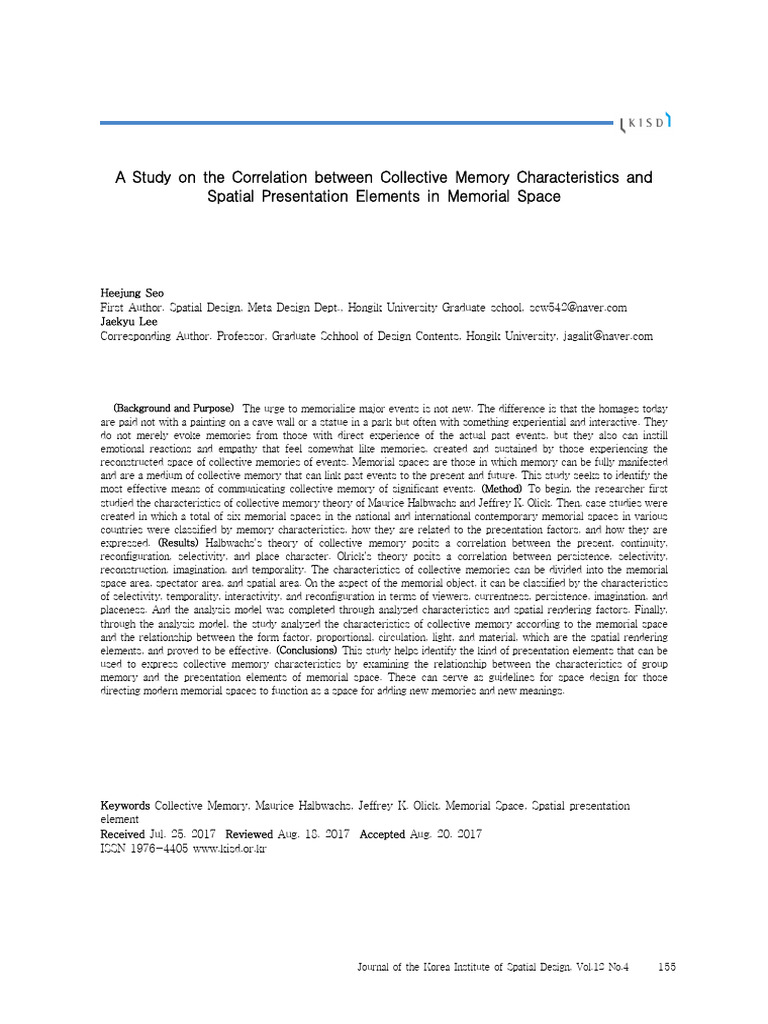 Study on the Correlation between Collective Memory 기념공간에서의 집단기억특성과 공간연출 ...
