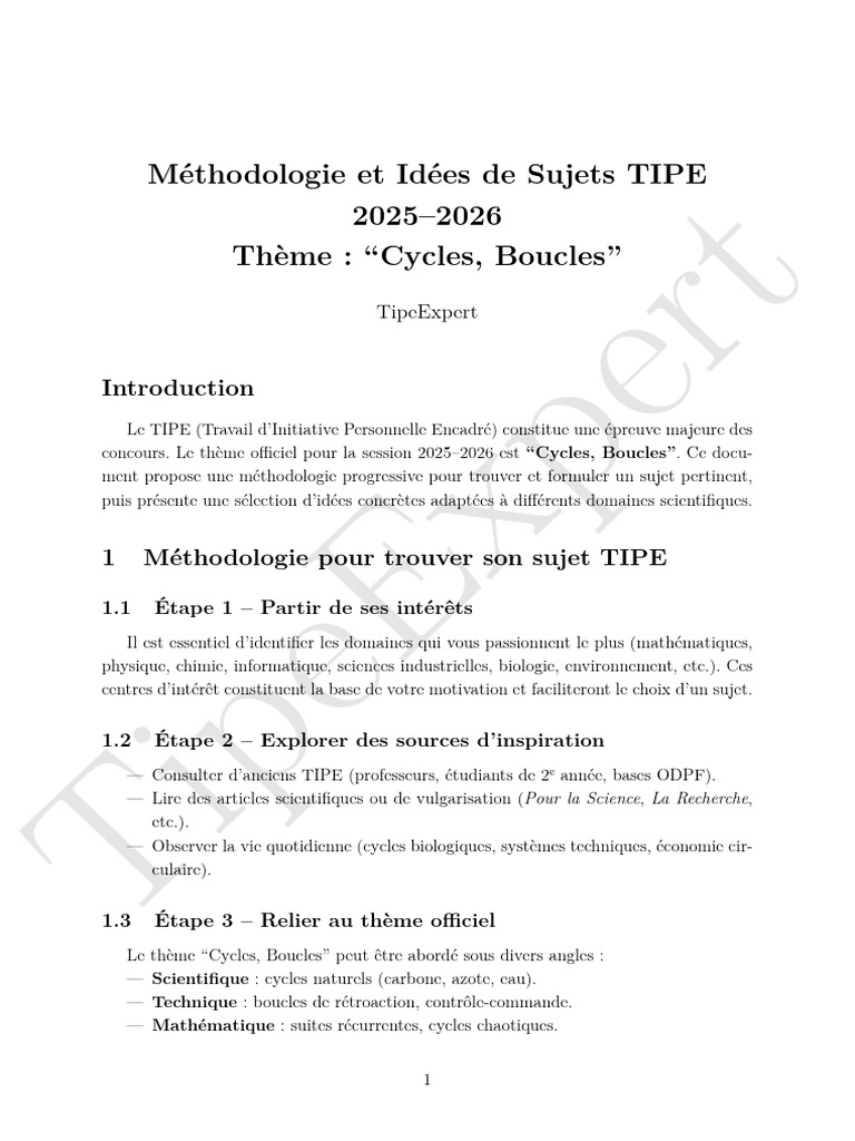 Sujets TIPE 20252026 Cycles et Boucles PDF Rétroaction Régulation — free download