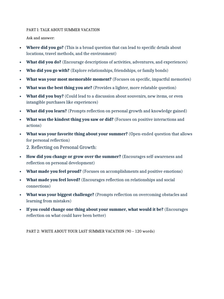 Summer Vacation Reflection Guide | PDF