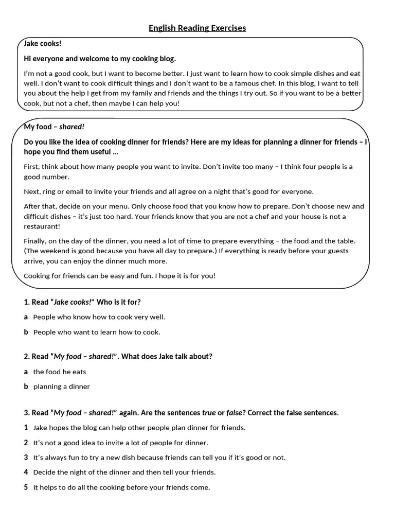 English Reading Exercises | PDF | Food And Drink | Western Cuisine