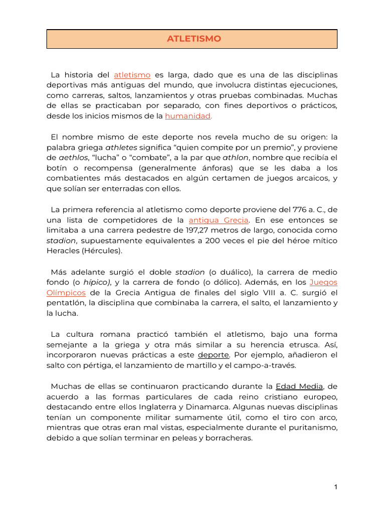 Historia y pruebas del atletismo | PDF | Deporte del atletismo | Corriendo