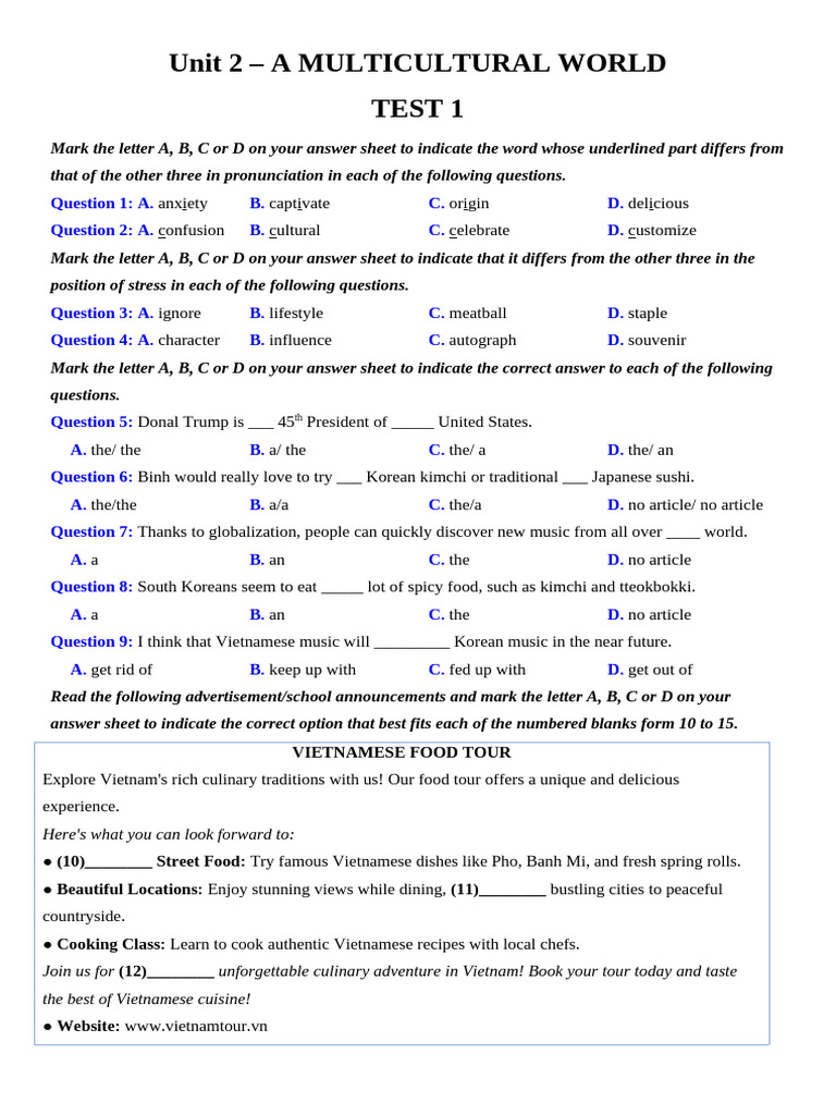 Multicultural World Test Questions | PDF | French Fries | Italian Language
