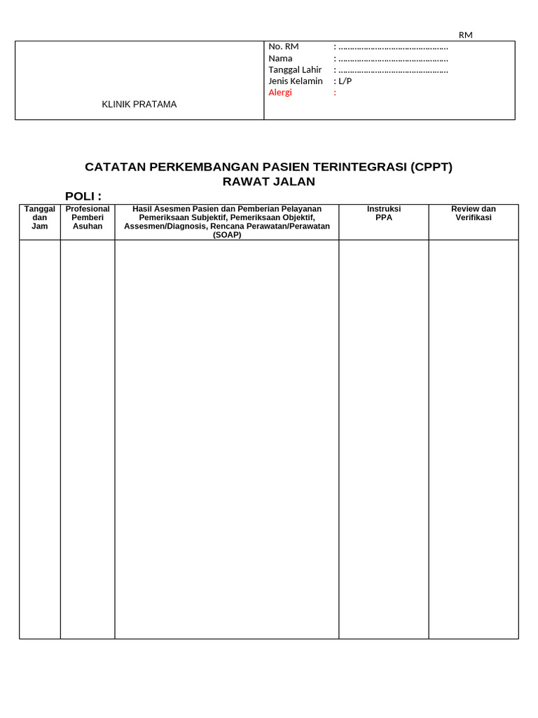 Formulir CPPT Klinik Pratama | PDF