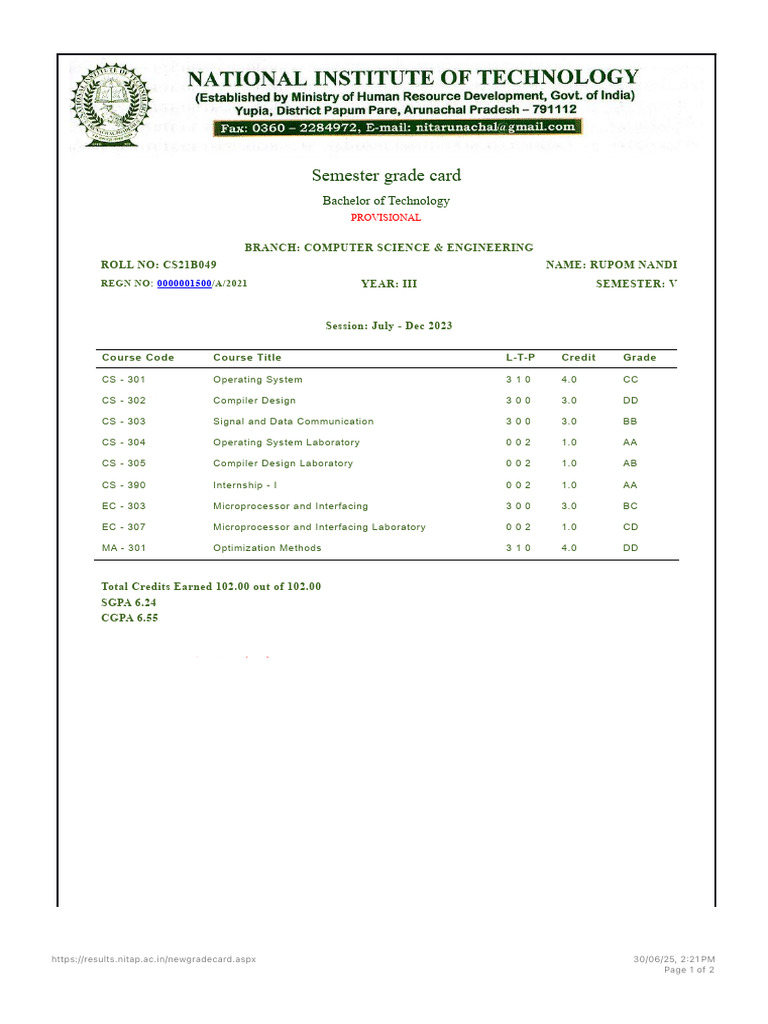 B.Tech Computer Science Semester V Grade Card | PDF