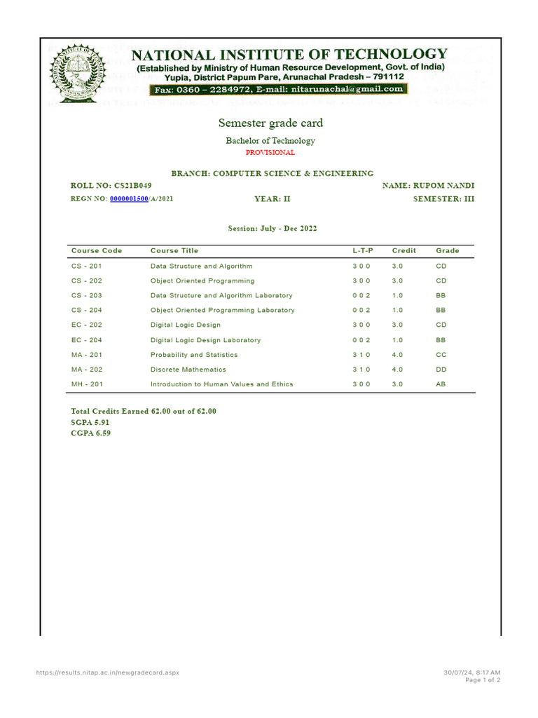 B.Tech Computer Science Semester Grade Card | PDF