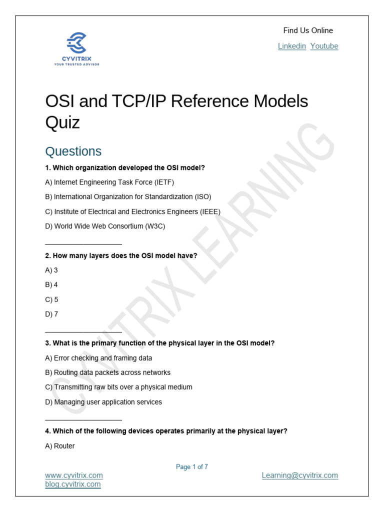 OSI Model MCQs and Answers | PDF | Osi Model | Internet Protocol Suite