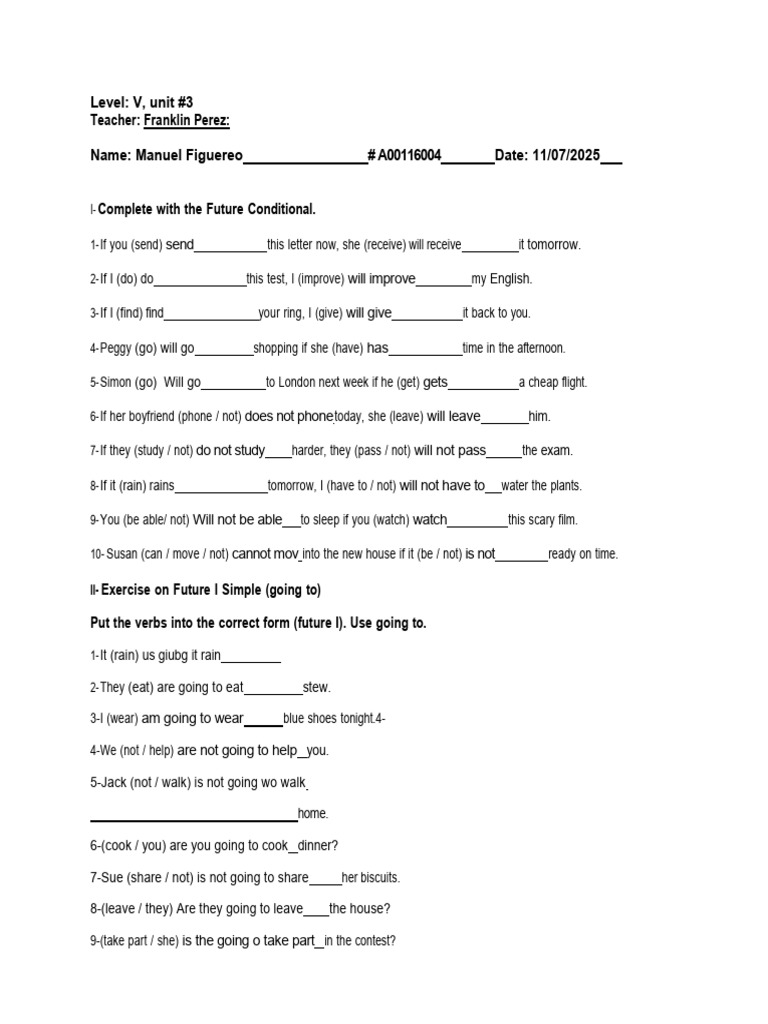 Future and Real Conditional Practice, Unit 3, Level V Ready | PDF ...
