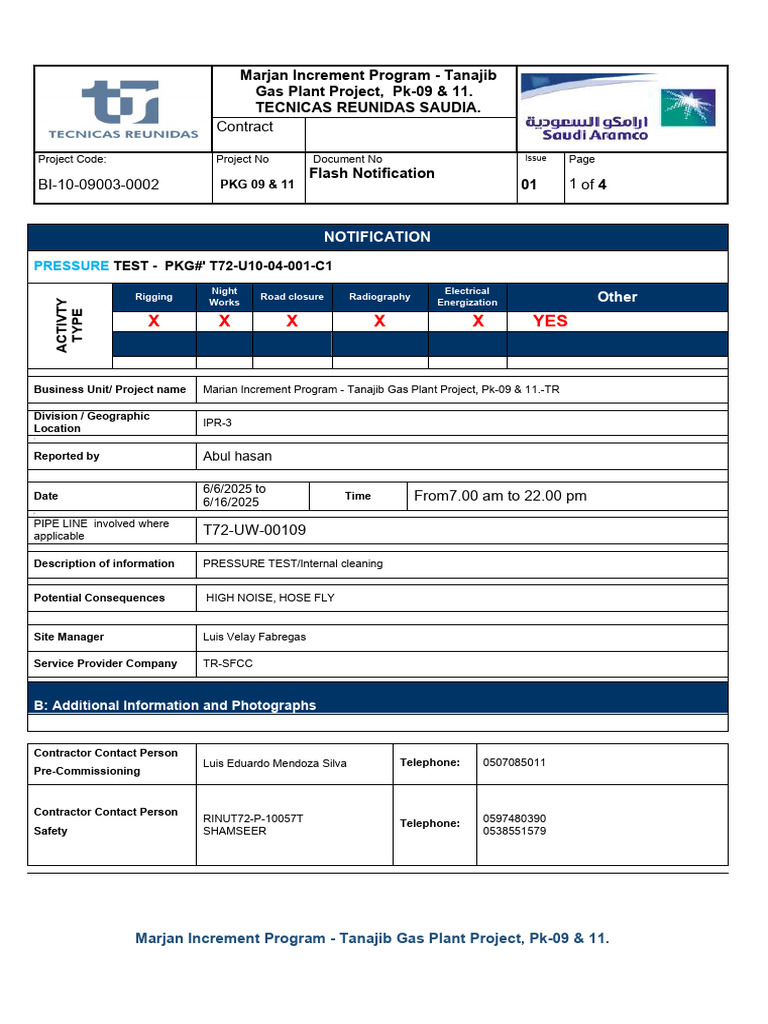 Pressure Test Notification - PKG 09 & 11 | PDF