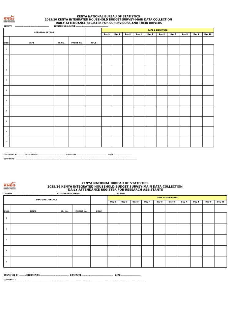 3.0 2025 - 26 KHIBS Main Survey Fieldwork - Daily Attendance Registers ...