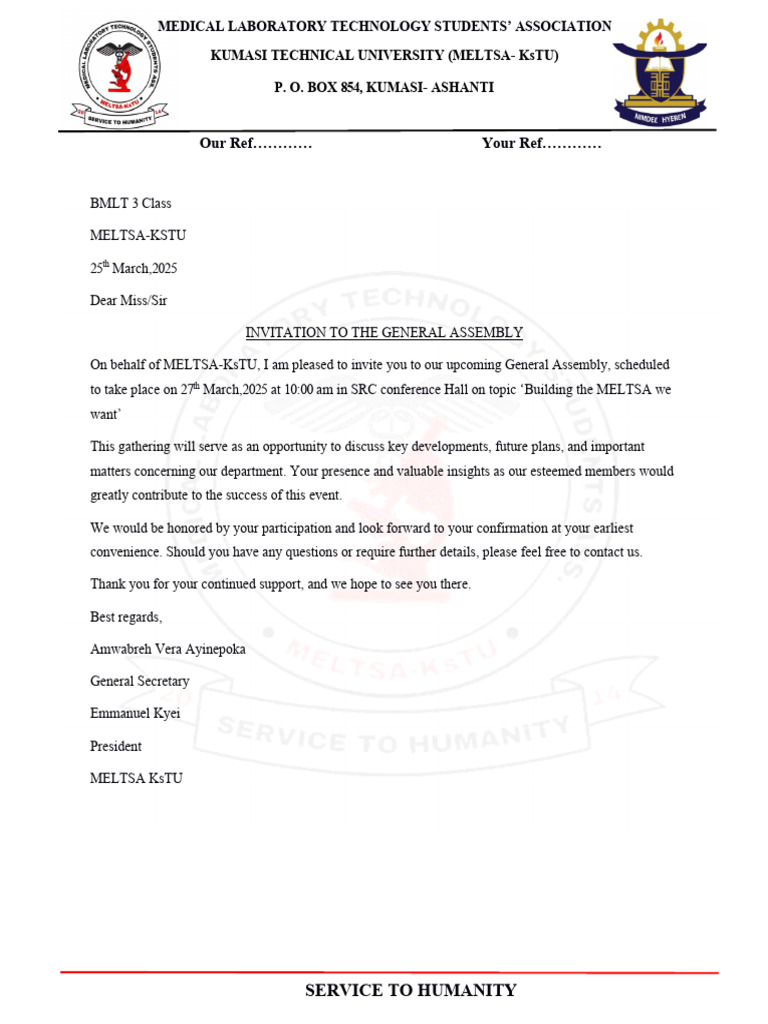 Invitation to MELTSA-KsTU Assembly | PDF