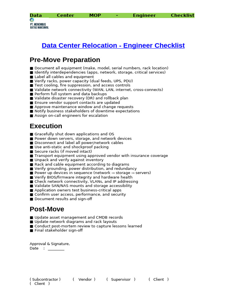 Data Center Relocation Engineer Checklist | PDF