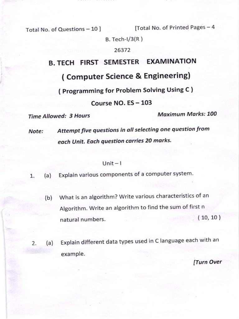 B.Tech C Programming Exam Questions | PDF | Pointer (Computer ...