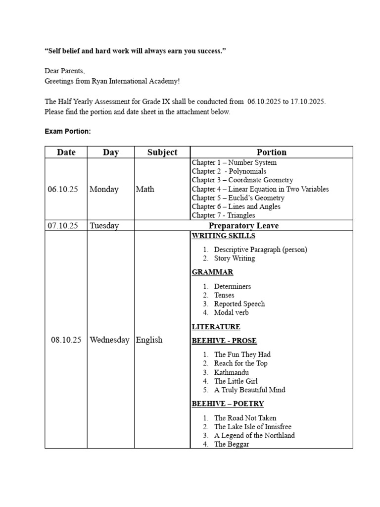 Grade IX Half Yearly Exam Schedule 2025 | PDF | Mathematics