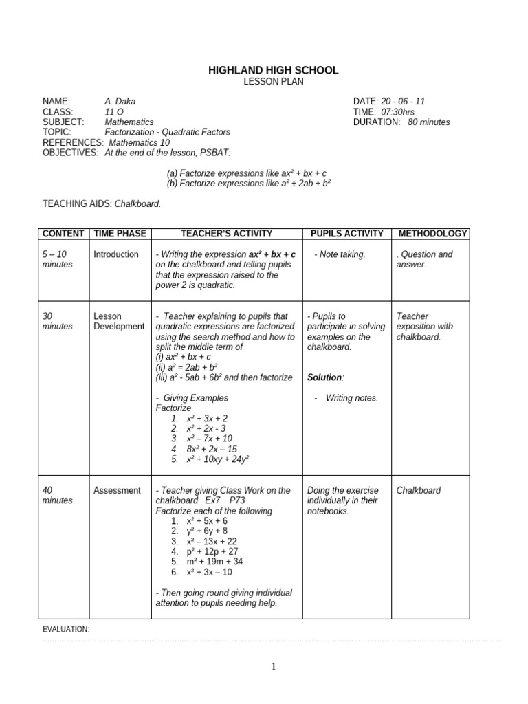 Quadratic Factorization Lesson Plan | PDF | Quadratic Equation ...