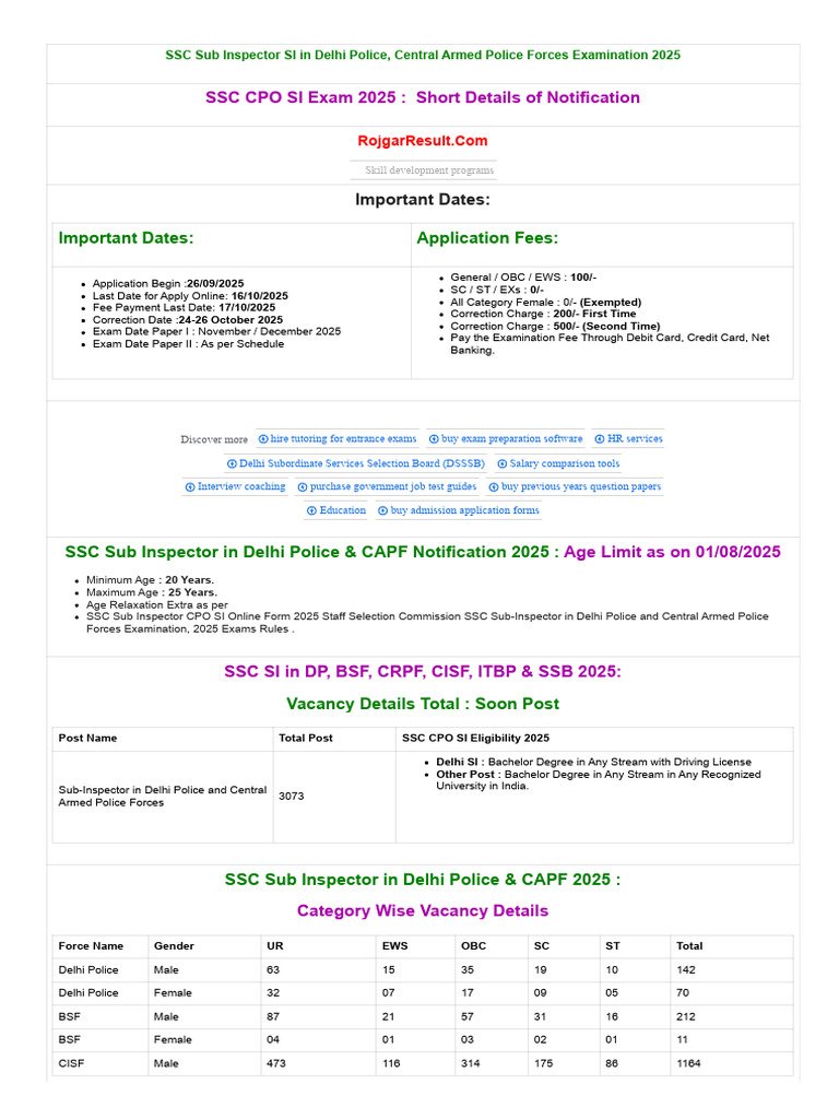 SSC Sub Inspector CPO SI Online Form 2025 For 3073 Post | PDF