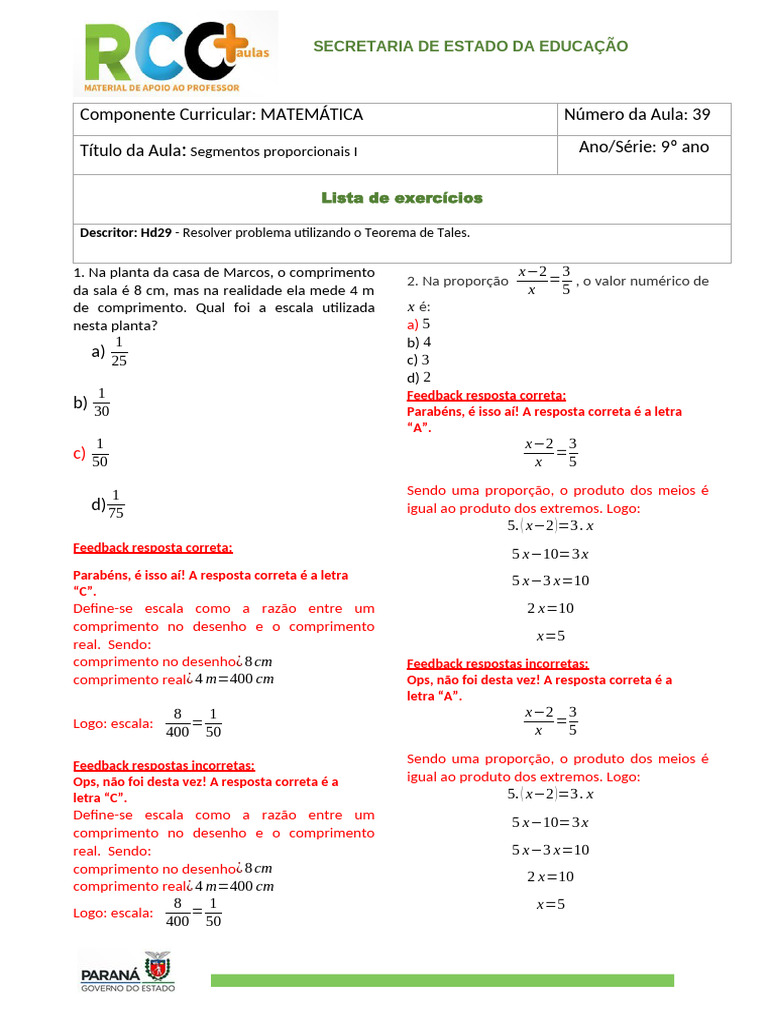 Exercícios de Matemática: Segmentos Proporcionais | PDF | Matemática