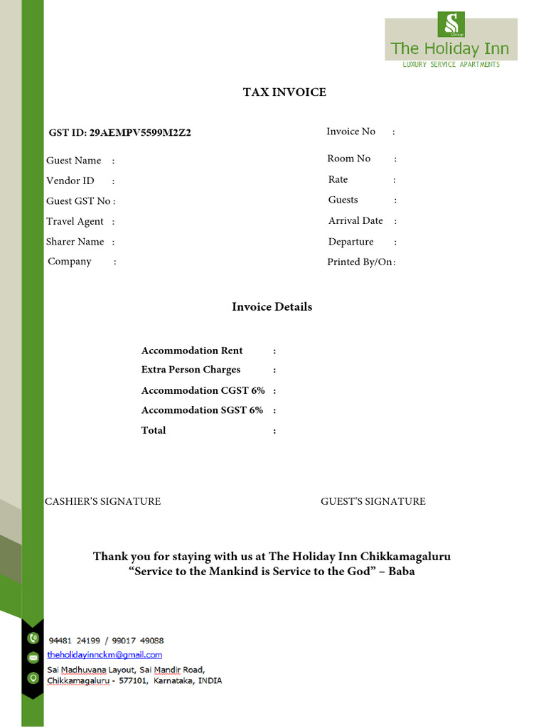 Tax Invoice for Holiday Inn Stay | PDF