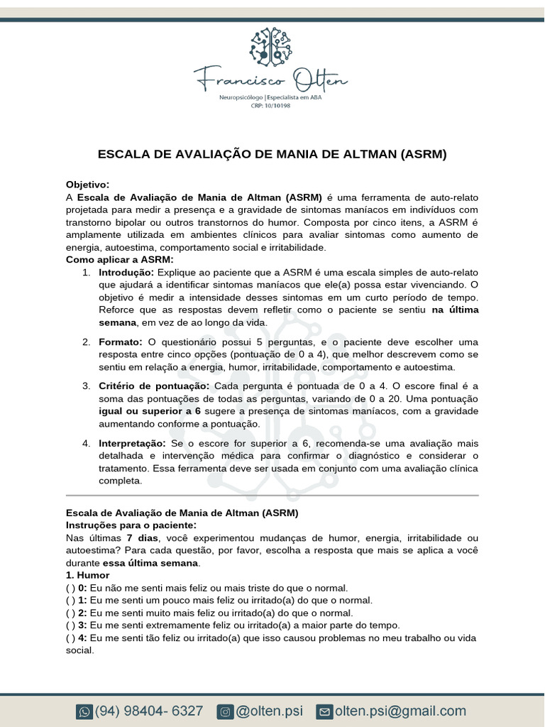 Avaliação de Sintomas Maníacos ASRM | PDF | Mania | Transtorno bipolar