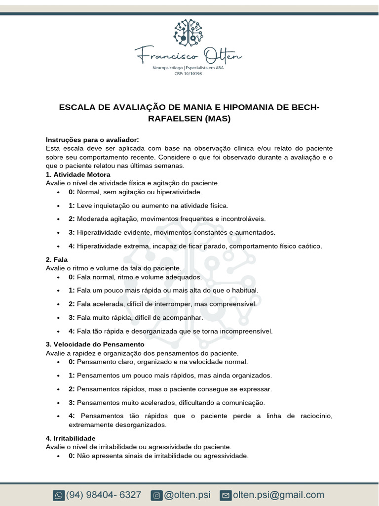 Escala de Avaliação de Mania (MAS) | PDF | Mania | Transtorno de ...