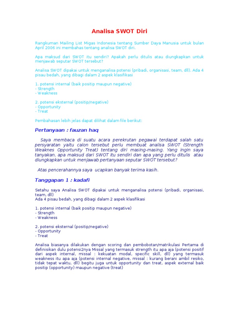 Berikut ini adalah contoh analisis swot yang baik dan benar Analisis Swot Diri