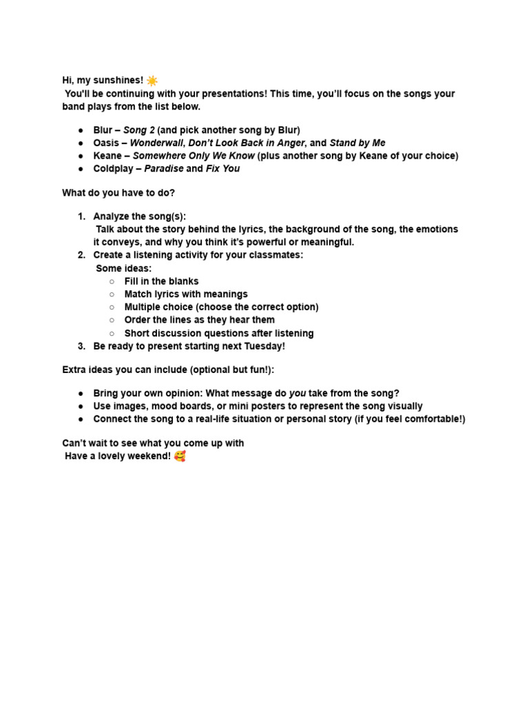 Song Presentation Guidelines for Class | PDF