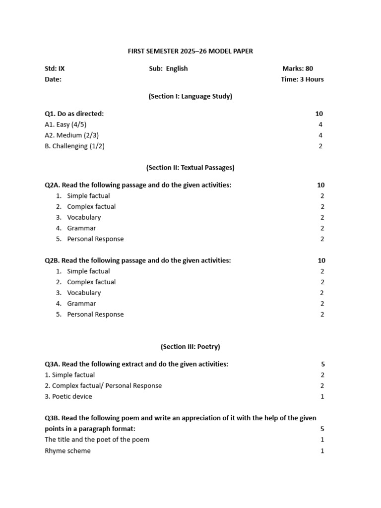 First Semester English Model Paper 2025 | PDF | Poetry | Human ...