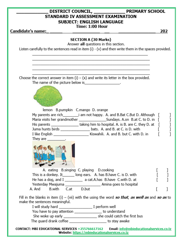 Standard IV English Exam Paper 2025 | PDF
