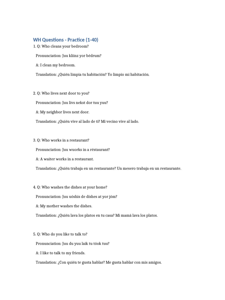 Preguntas WH para Practicar Inglés | PDF