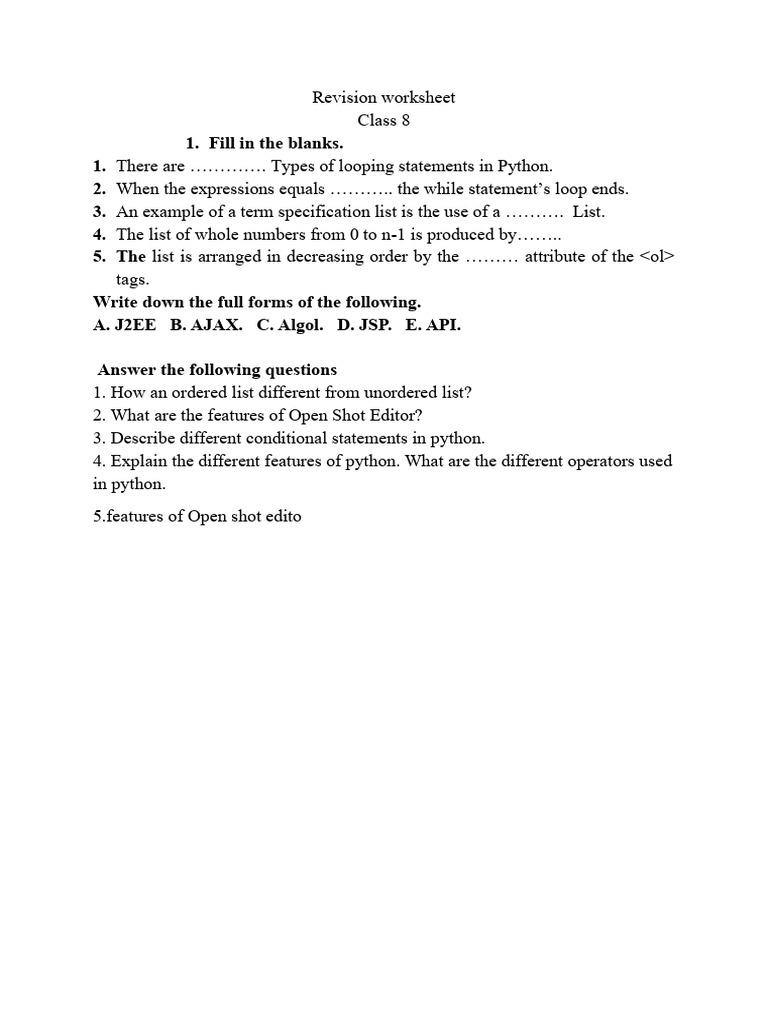 Python and OpenShot Revision Worksheet | PDF