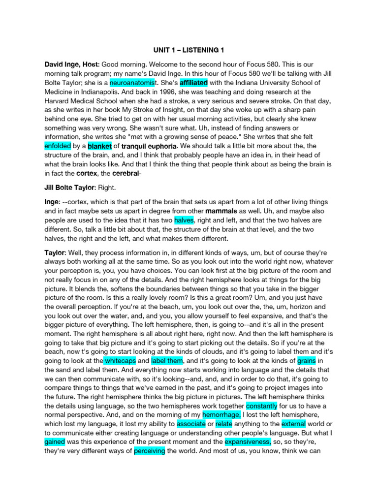 Listening 4 - Script Unit 1-2 - 3 | PDF | Brain
