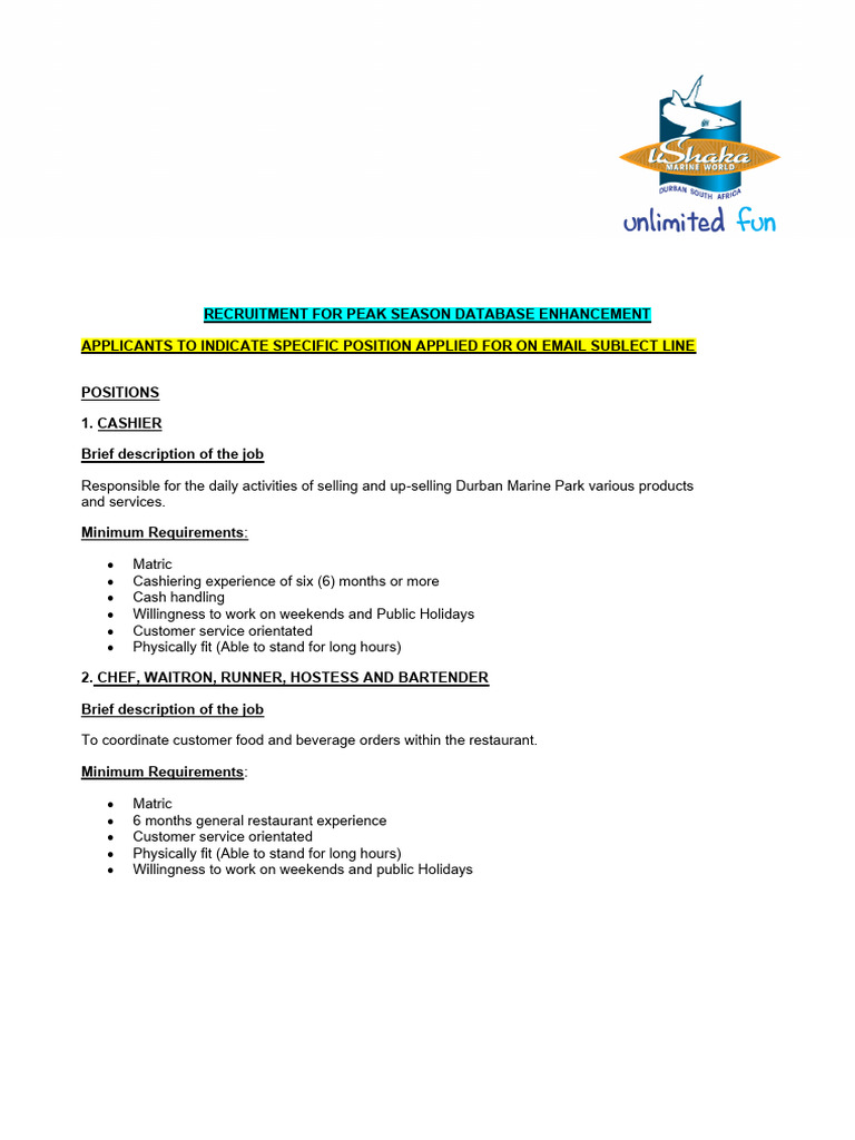 uShaka Marine World Peak Season Jobs | PDF | Underwater Diving