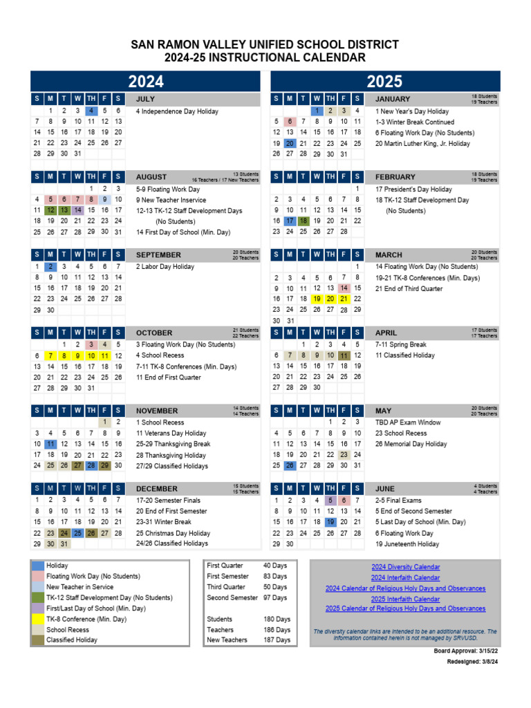 SRVUSD 2024-25 Instructional Calendar | PDF | Academic Term | Holidays