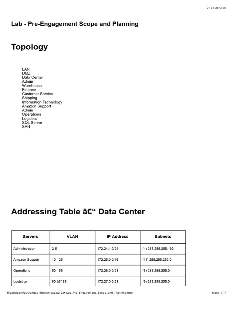 Lab Pre-Engagement Scope Overview | PDF | Firewall (Computing) | Databases