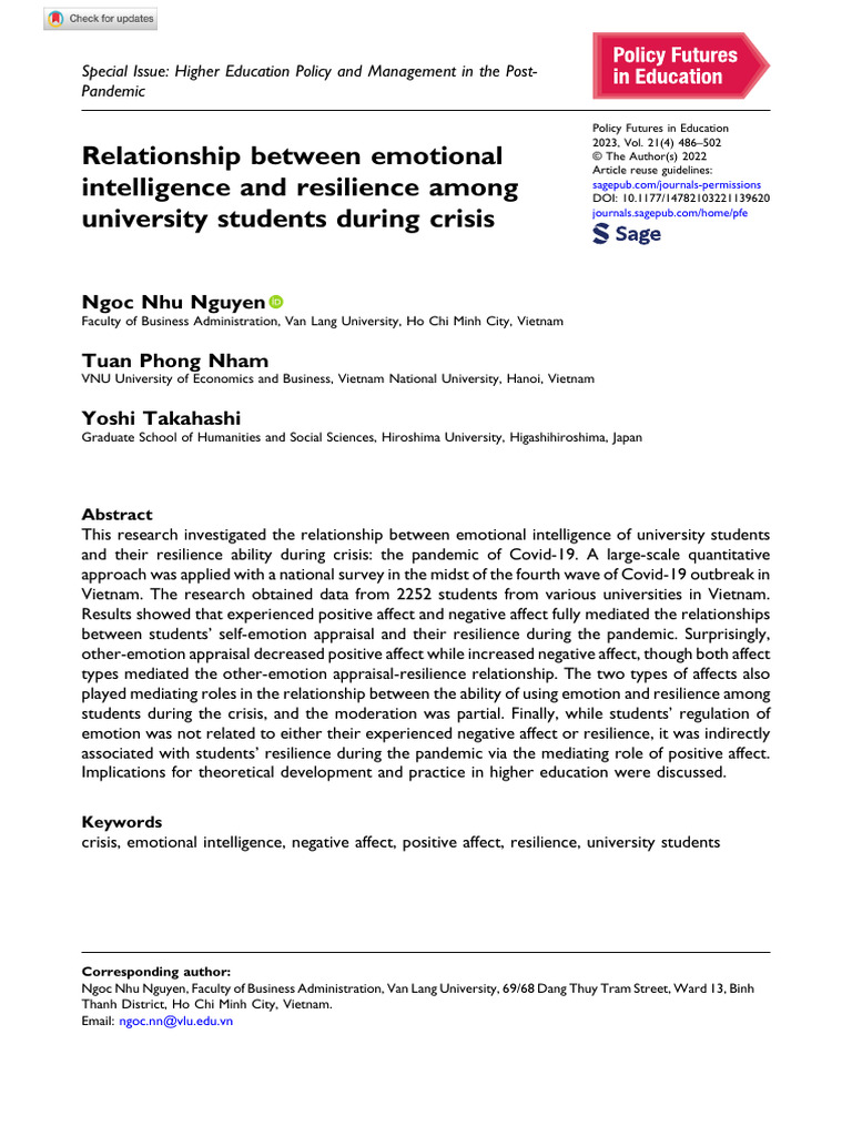 Emotional Intelligence and Resilience in Students | PDF | Psychological ...