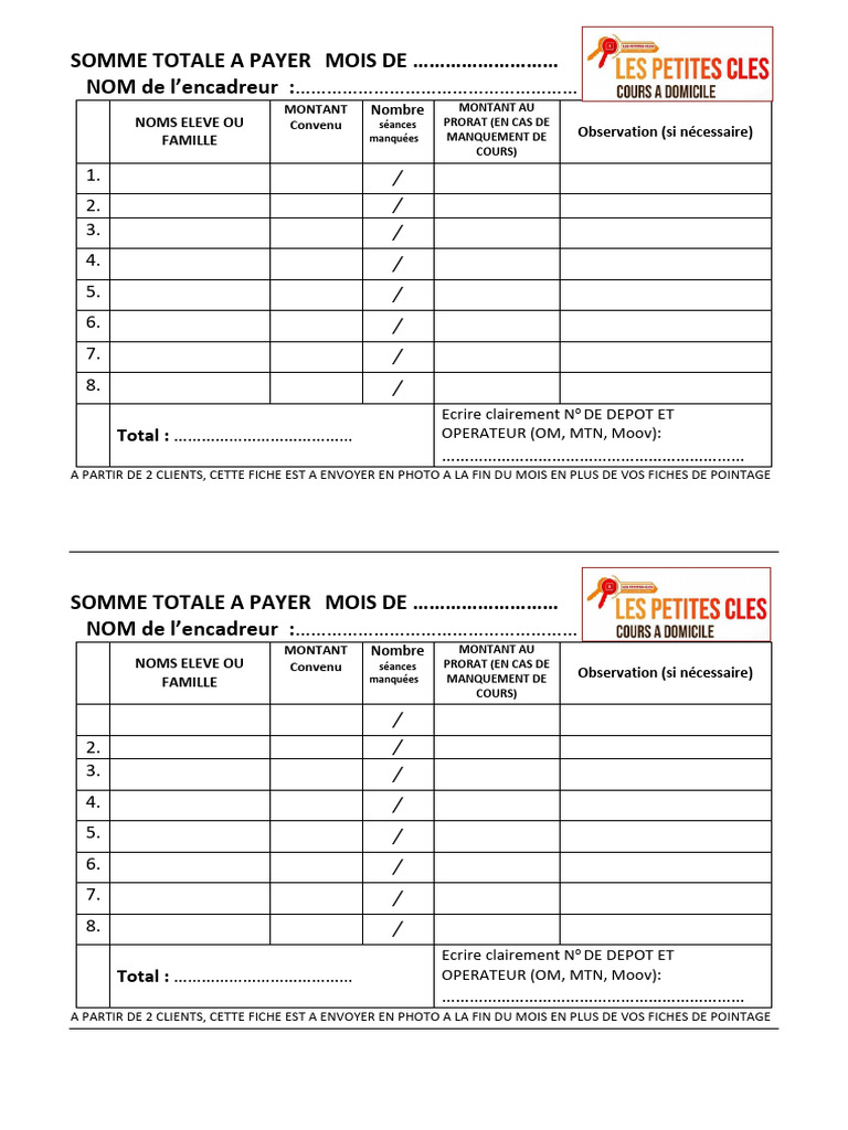Fiche de Paiement Mensuel Élèves | PDF