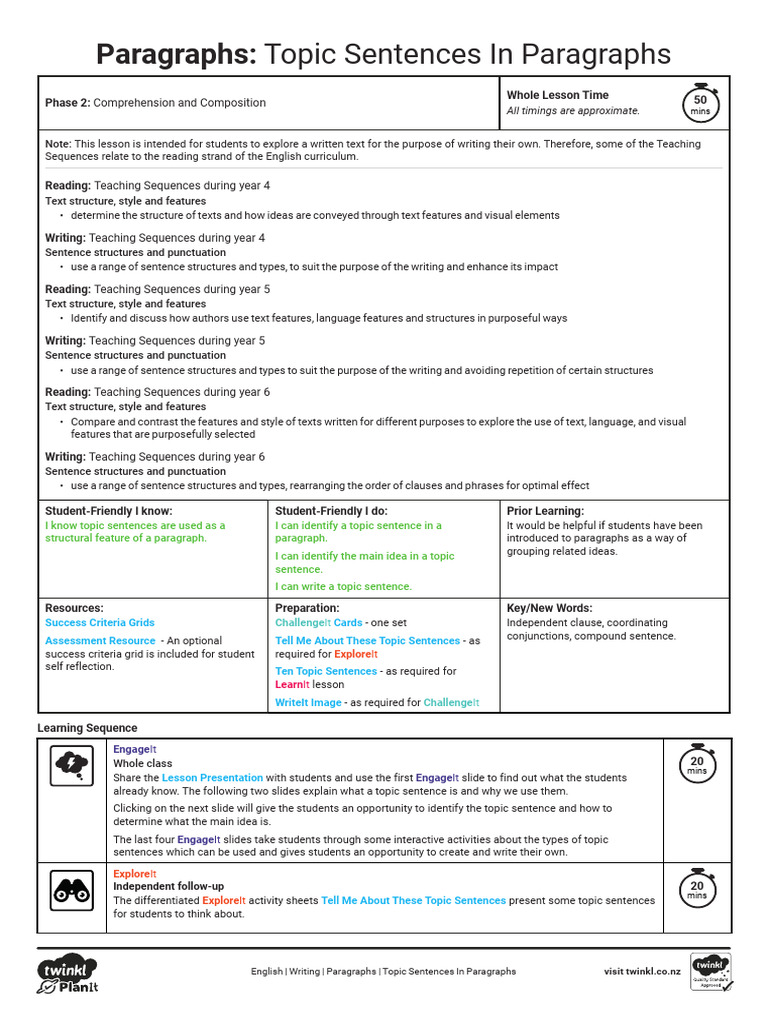 Topic Sentence Lesson Plan PDF | PDF | Sentence (Linguistics) | Paragraph
