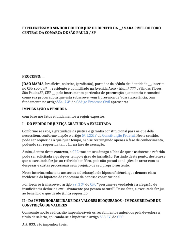Modelo Impugnacao A Penhora | PDF | Salário | Direito Comum