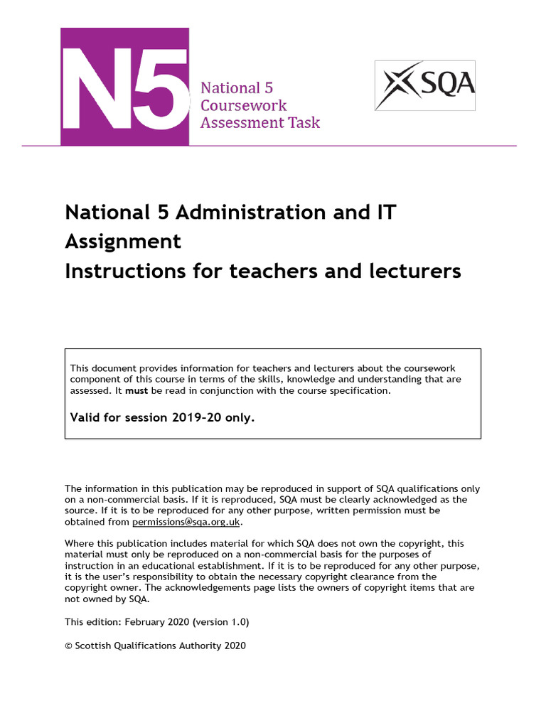 N5 Administration and IT Assignment Instructions For Teachers 2020 ...