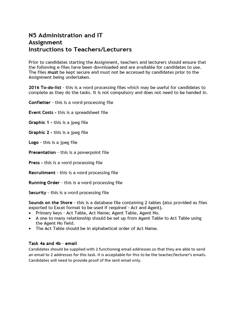 N5 IT Assignment Instructions for Teachers | PDF | Microsoft Excel ...