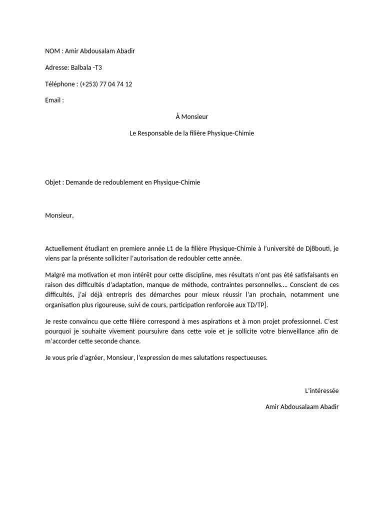 Demande de redoublement en Physique-Chimie | PDF