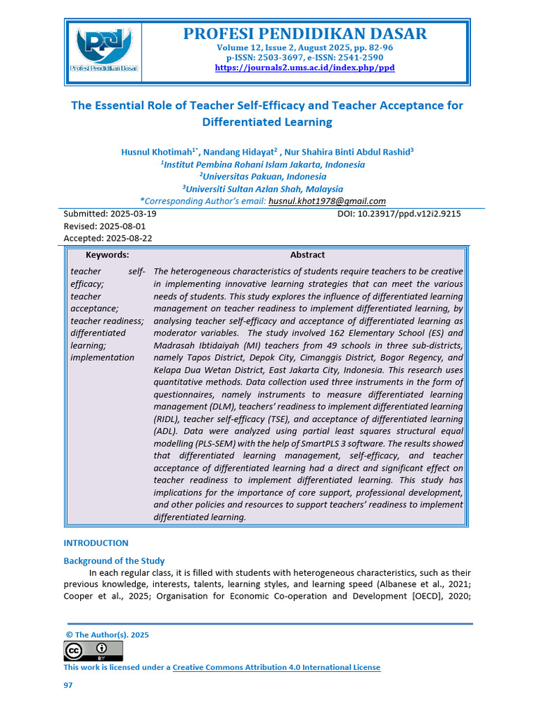 Teacher Self-Efficacy in Differentiated Learning | PDF | Bootstrapping ...