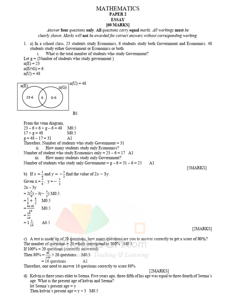 Mathematics Paper 2 Essay Questions | PDF | Mathematics